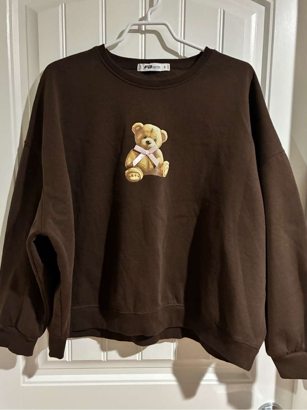 FB Sister Dark Brown Teddy Bear Graphic Oversized Crewneck Sweatshirt